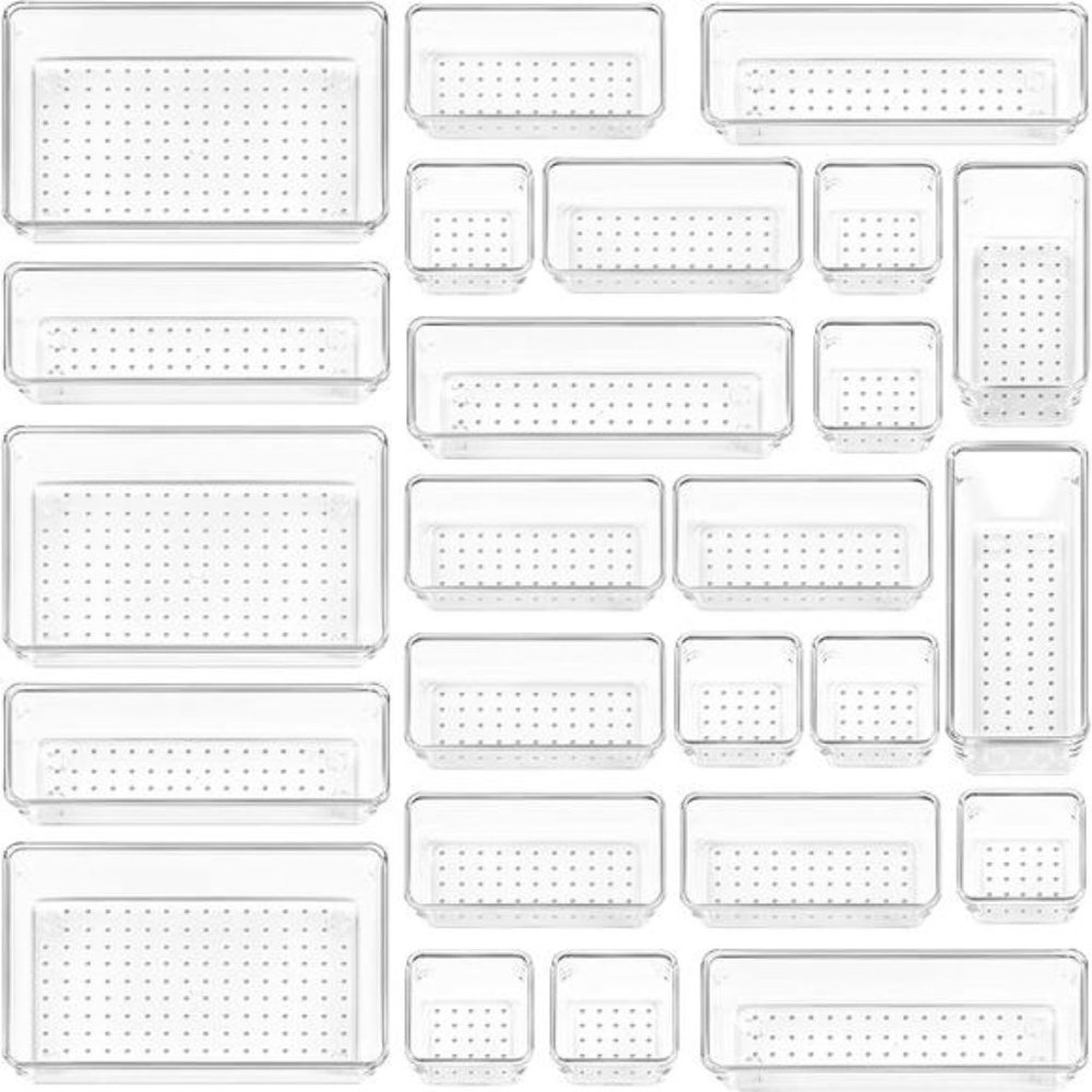 25 PCS Clear Plastic Drawer Organizers Set, 4-Size Versatile Bathroom and Vanity